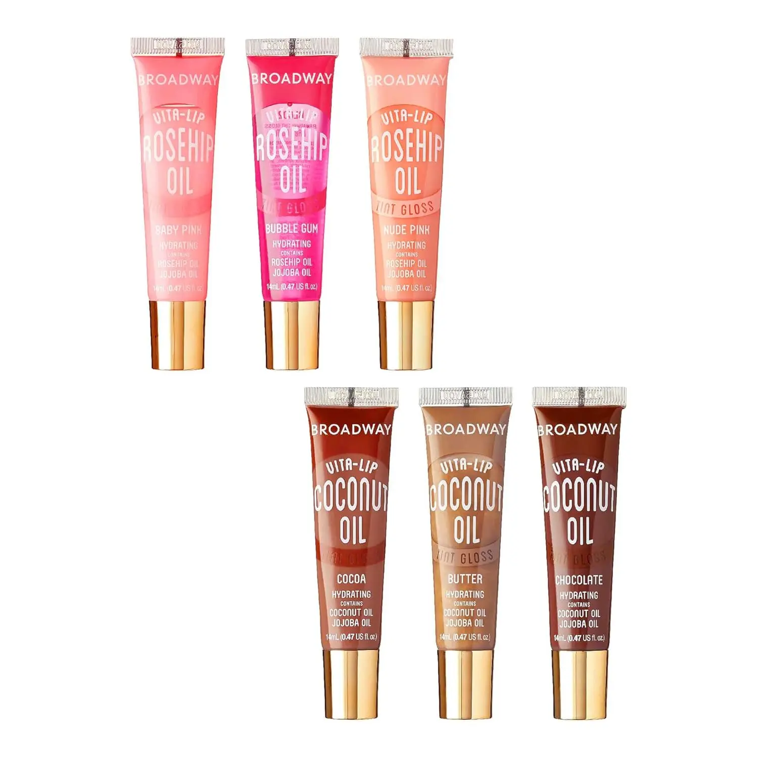 Ruby Kisses Broadway Vita-Lip Tinted Lip Gloss Set (6 Pack) Ultra-Hydrating & Soothing Formula with Vitamins, High-Shine Non-Sticky Finish Lip Balm, 3 Pcs Tinted Rosehip Oil + 3 Pcs Tinted Coconut Oil