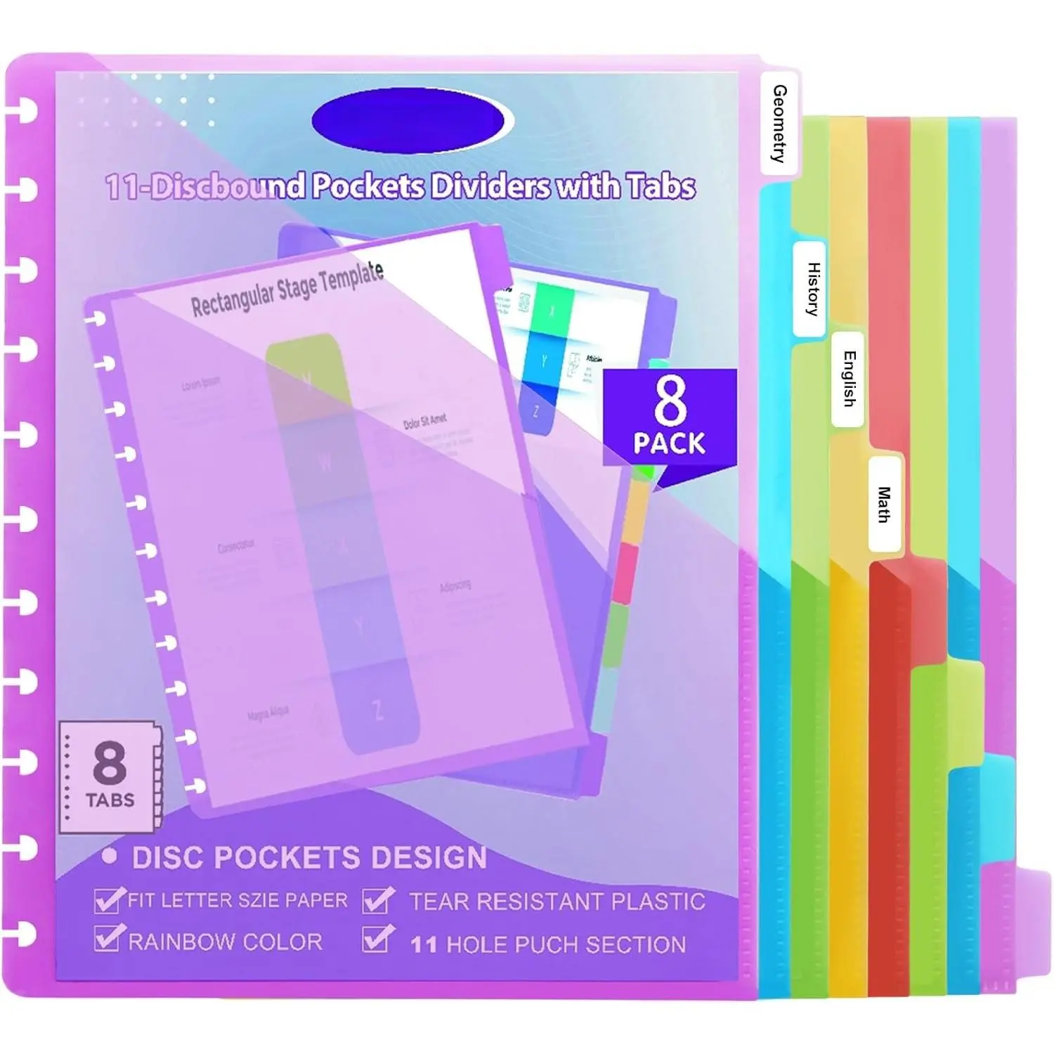 11 -Discbound Pocket Divider with 8 Tabs,1 Set Letter Size Tul Notbook Divider Folder Dis Planner Inserts for for Document Discbound System, Office  School(8PCS