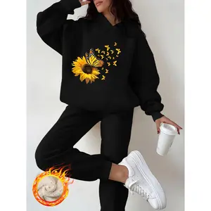 2-piece set, hooded lamb fleece sweatshirt and sweatpants set, floral sunflower and butterfly pattern print, suitable for autumn and winter daily wear
