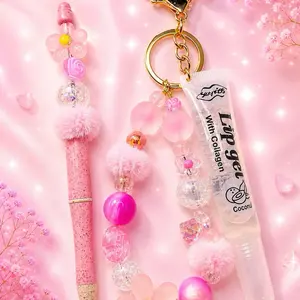 Glossy Princess / Blossom Pink Glow / Pink Beaded Keychain with Lip Gel Collagen Coconut Flavor and Pen Accessory