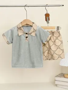 Summer New Bear Pattern Polo Shirt and Shorts Set, Matching Outfits Set, Kids' Casual, Boys' Summer Clothing, Comfortable and Stylish