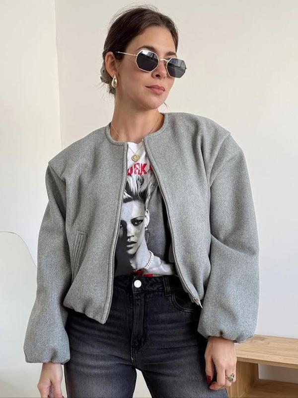 Women's New Oversized Bubble Sleeve Jacket, Zipper Bomber Jacket, Soft Casual Streetwear, Fashion Pilot Jacket, Spring & Fall Outerwear