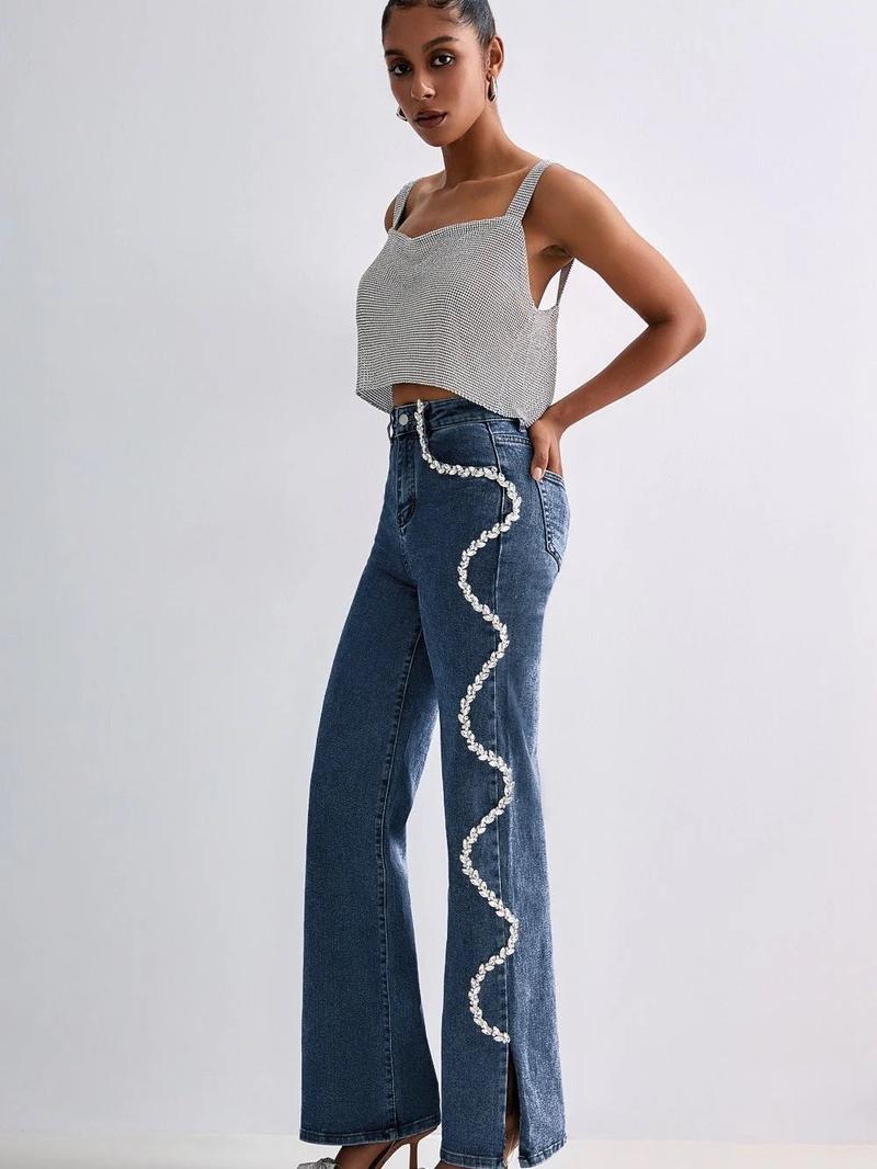 Women's Mid-waist Wide-leg Jeans With Heavy Craft Diamond-embellished Wavy Patterns, Featuring Classic Zipper And Button Fly With Functional Pockets, Split Hems, And A Drapey Straight Cut. Suitable For All Seasons And Various Occasions.