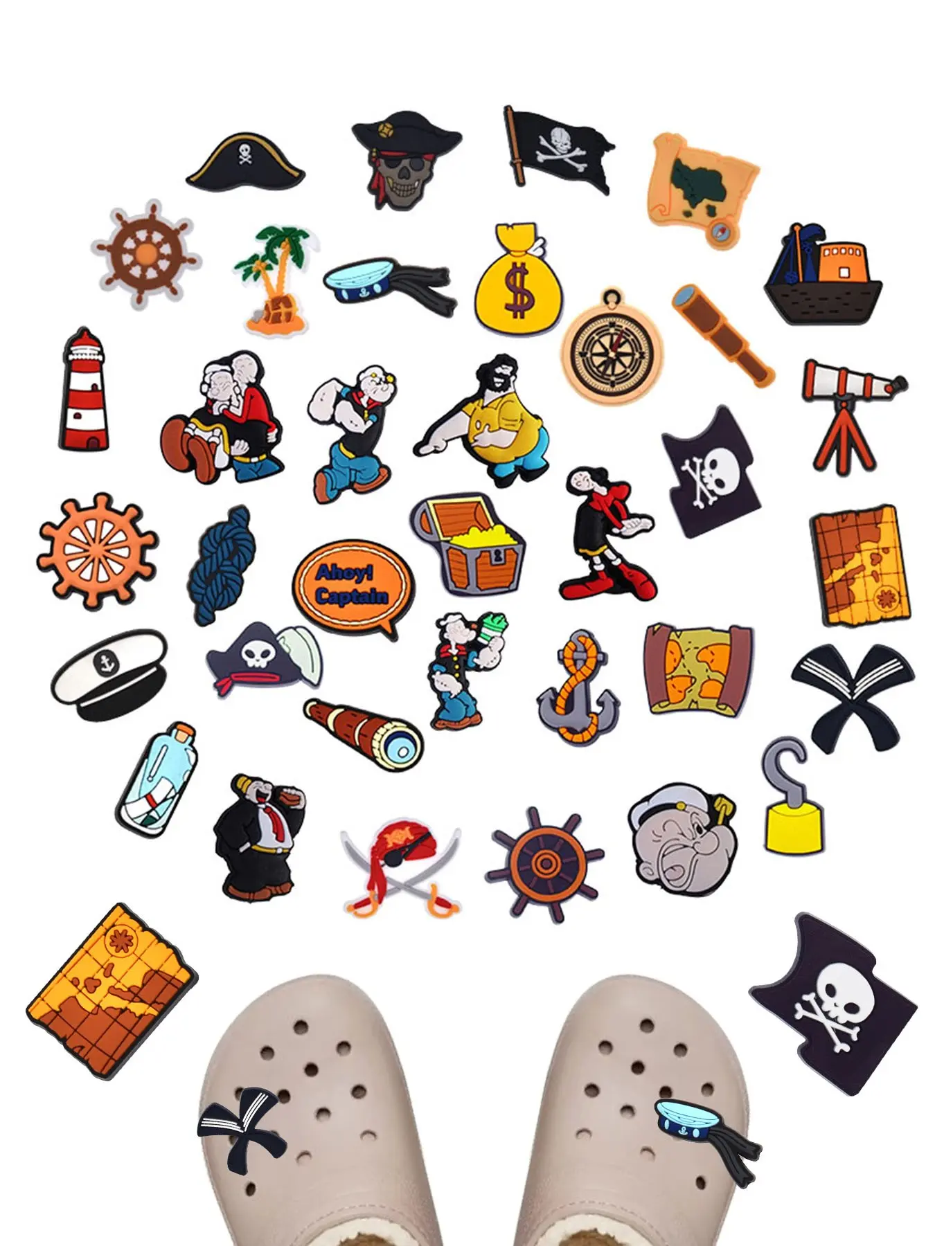 8/15/36 Piece Sailor Pirate Nautical Series PVC Cartoon DIY Shoe Buckle Decorations, Classic Wooden Sandals, Family Christmas Party Gifts