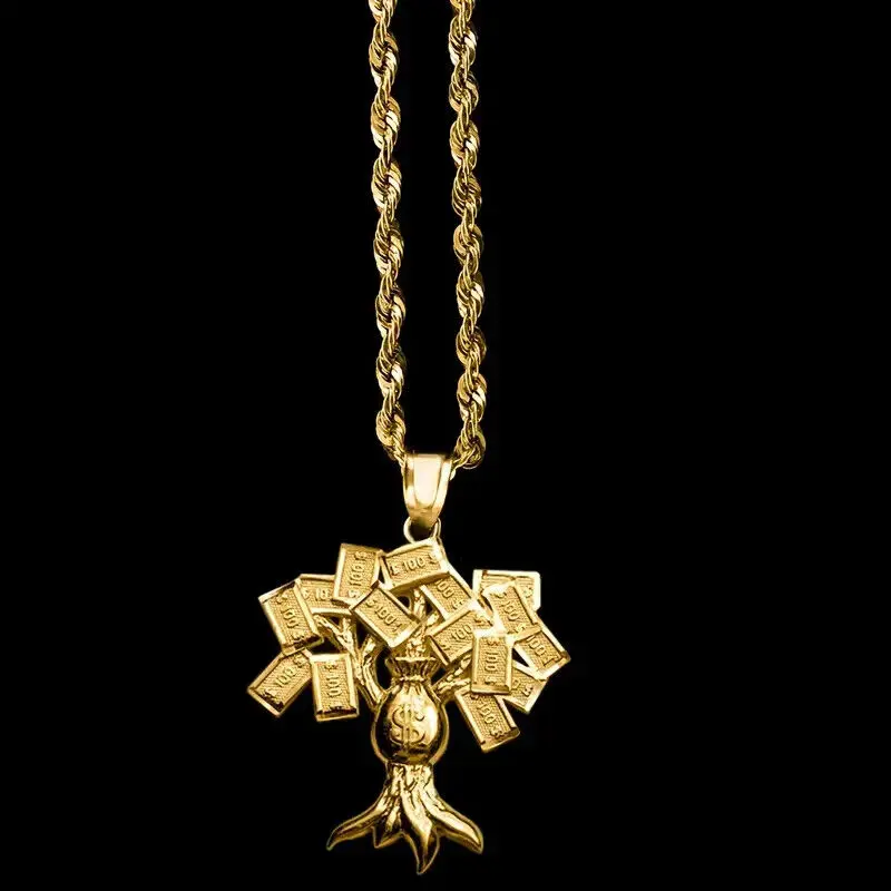 MaxBling81 Brass Gold-Plated $100 Money Tree Pendant Necklace - 3mm 24-in Textured Rope Chain, Unisex Men's Costume Jewelry, Novelty Fashion Chain for Casual Daily Wear, Chains
