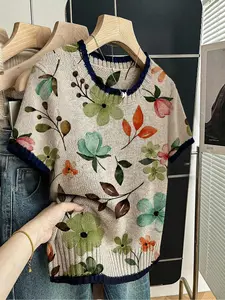 Floral Print Round Neck Sweater, Casual Short Sleeve Knitwear for Spring Summer Fall, Comfortable Warm Women's Clothing