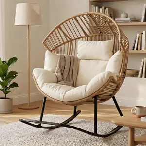 Modern Rattan Rocking Lounge Chair with Thick Tufted Cushion, Ergonomic Indoor Bedroom Accent Chair, All-Weather Porch Patio Wingback Chair for Relaxation, Creamy White