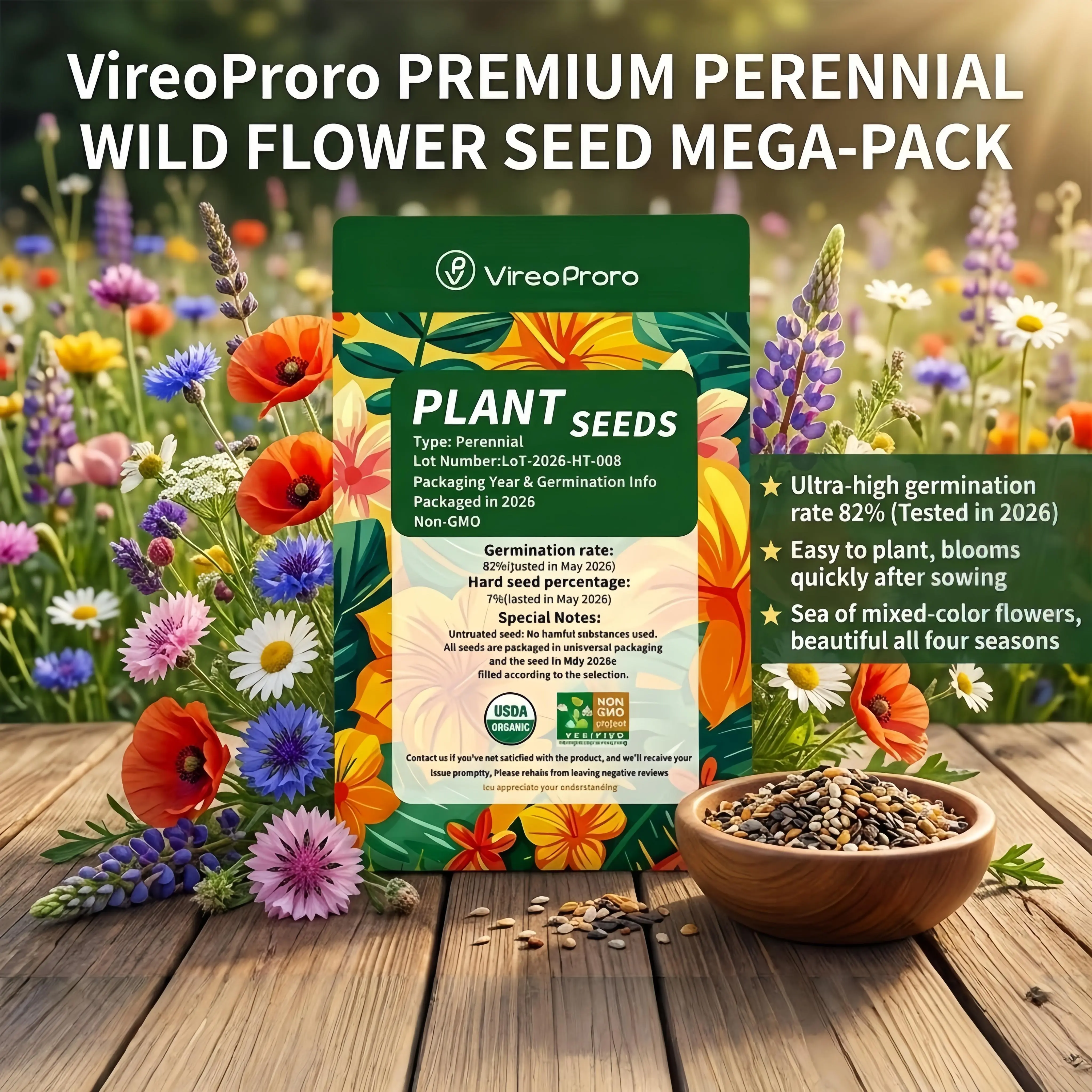 500-Count Wildflower Seed Blend, 19-Variety Non-GMO Heirloom Seed Flowers for Outdoor Gardens, All-Seasons Pollinator Aid