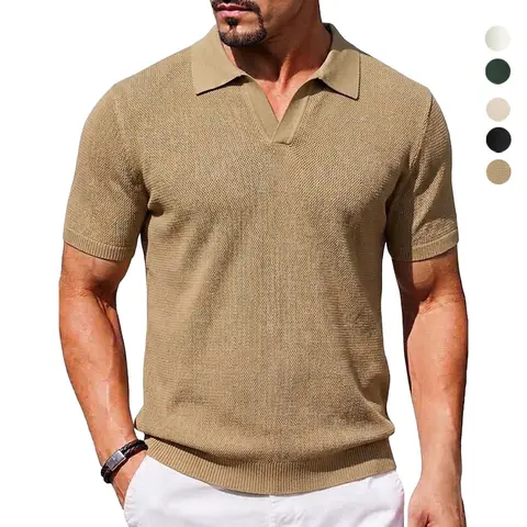 #SohoChic 2026 Men's Fitted Ribbed Knit Polo Shirt - Short-Sleeve V-Neck, Breathable Stretchy, Classic Polo Shirts for Men's Business Casual, Party, Retro Summer Menswear