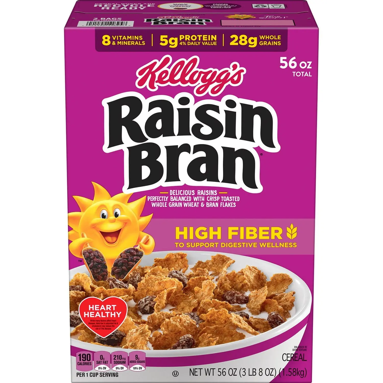 Raisin Bran Breakfast Cereal, Family Size, Crunchy Wheat Bran Flakes with Sweet Raisins, High Fiber Cereal, 56 oz