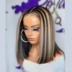Highlights Blonde BOB Wig Human Hair 180 Density 13x4 Lace Front Straight Bob Wig Blonde Highlights with Natural Colored Human Hair Bob Wig for Women
