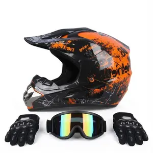 Stylish Orange Graphic Motocross Helmet Combo, Off-Road Dirt Bike Helmet Set with Anti-Scratch Goggles & Riding Gloves, Reinforced Chin Guard Full Face Helmet for ATV UTV Offroad Bicycle