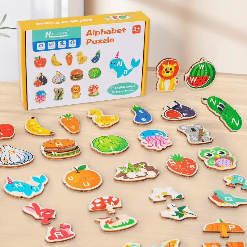 Wooden Alphabet Puzzle for Kids, ABC Letter Matching Puzzle with Animal Fruit Pieces, Early Learning Educational Toys for Toddlers, Kids Toys for 3+ Boys Girls