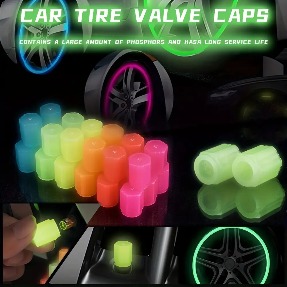 PVC Waterproof Luminous Tire Valve Caps - Universal Size Car Parts, 4/8/12-Pack Options for Cars & Bicycles, Available in Pink, Green, Blue, Red, Yellow, Orange