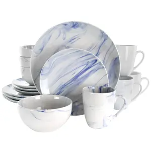 Elama EL-MBLUE 16 Piece Fine Marble Stoneware Dinnerware Set, Blue & White