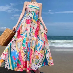 2026 Spring European and American Women's Fashion New Elegant High Waist Printed Strap Casual Fashion Dress