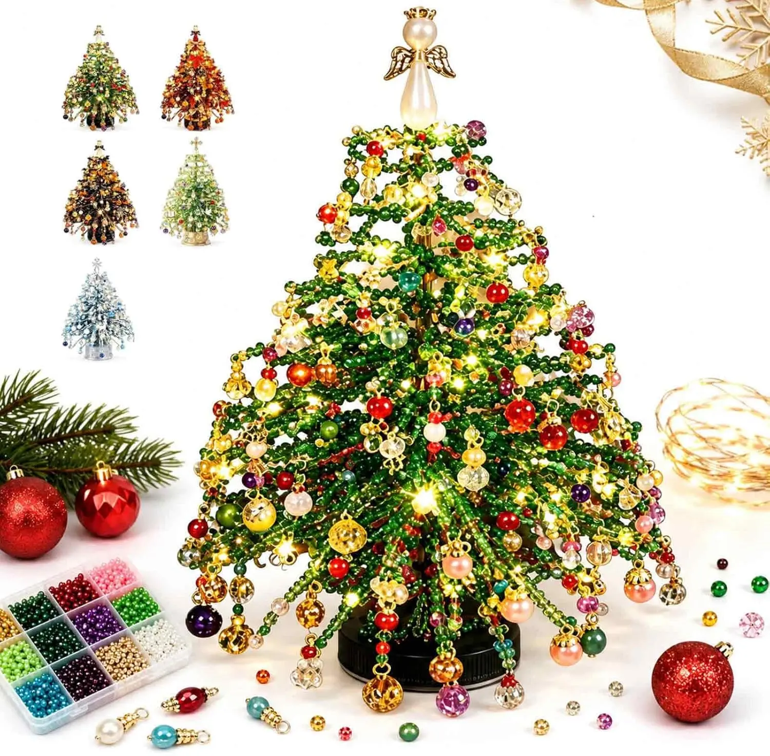DIY Beaded Christmas Tree Kit, DIY Crystal Bead Christmas Tree Making Kit with Colorful Beads & Ornaments, Handmade Holiday Craft Kit for Adults, Christmas DIY Craft Gift and Home Décor，1Pc-A
