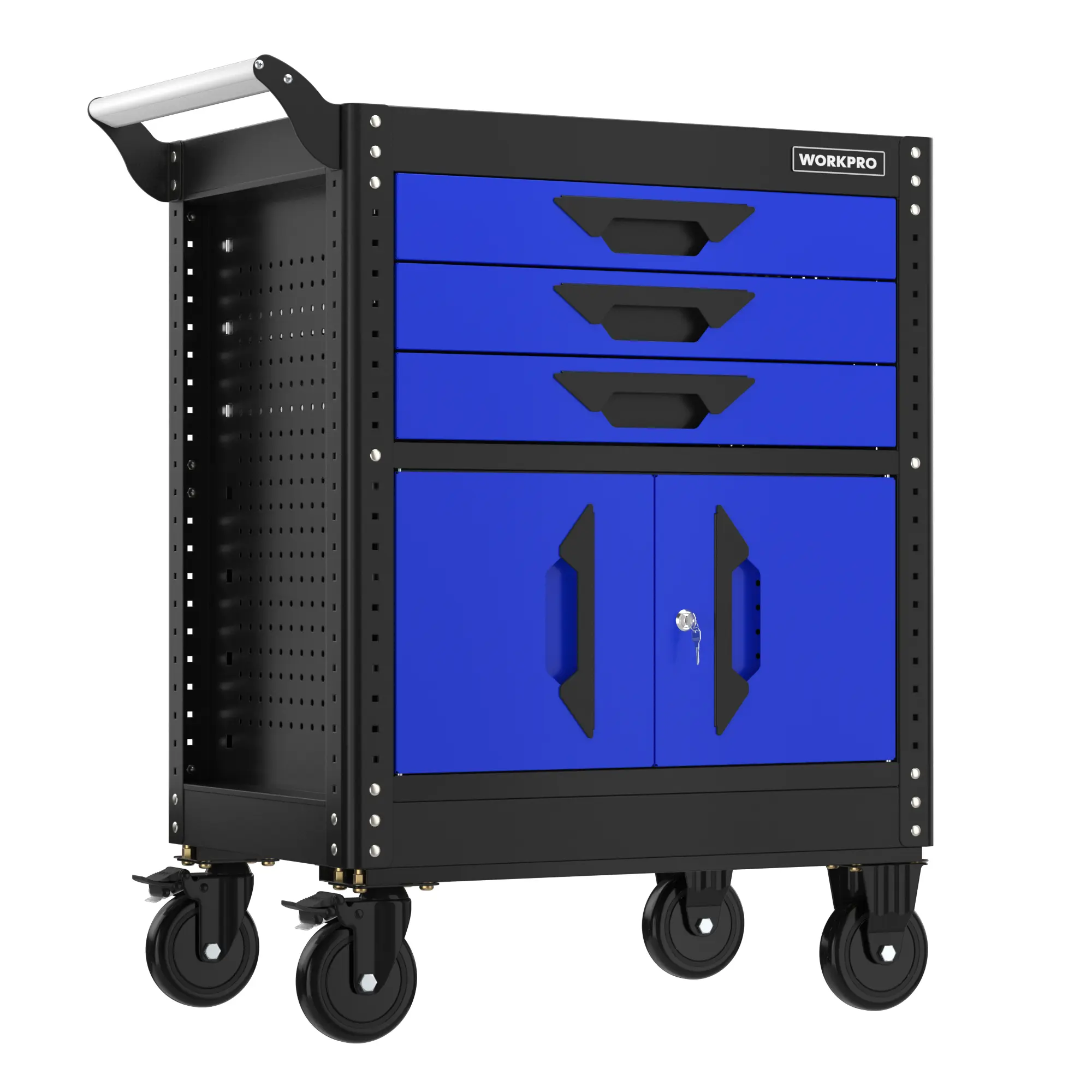 #summersale WORKPRO 27.5 Inch 3-Drawer Rolling Tool Chest with Wheels, Portable Steel Tool Cabinets with Drawers, Liners and Locking System for Warehouse, Garage, Black and Blue