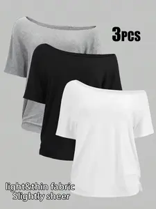 2026 New Model Women's Plus Size 3-Pack One-Shoulder Loose Short Sleeve T-Shirts, Casual Solid Color Basic Tops, Comfortable and Stylish Tees