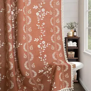 Vintage Boho Terracotta Floral Linen Patterned Shower Curtain with Tassels for Bathroom, 72 x 72