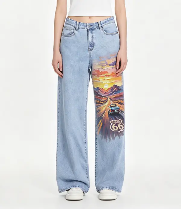 Light Wash High Waist Classic Route 66 Sign Mountain Sunset Retro Car Western Landscape Print Wide Leg Jeans Women 70s Retro American Road Trip Loose Bootcut Denim Trousers, Landscape Art Printed