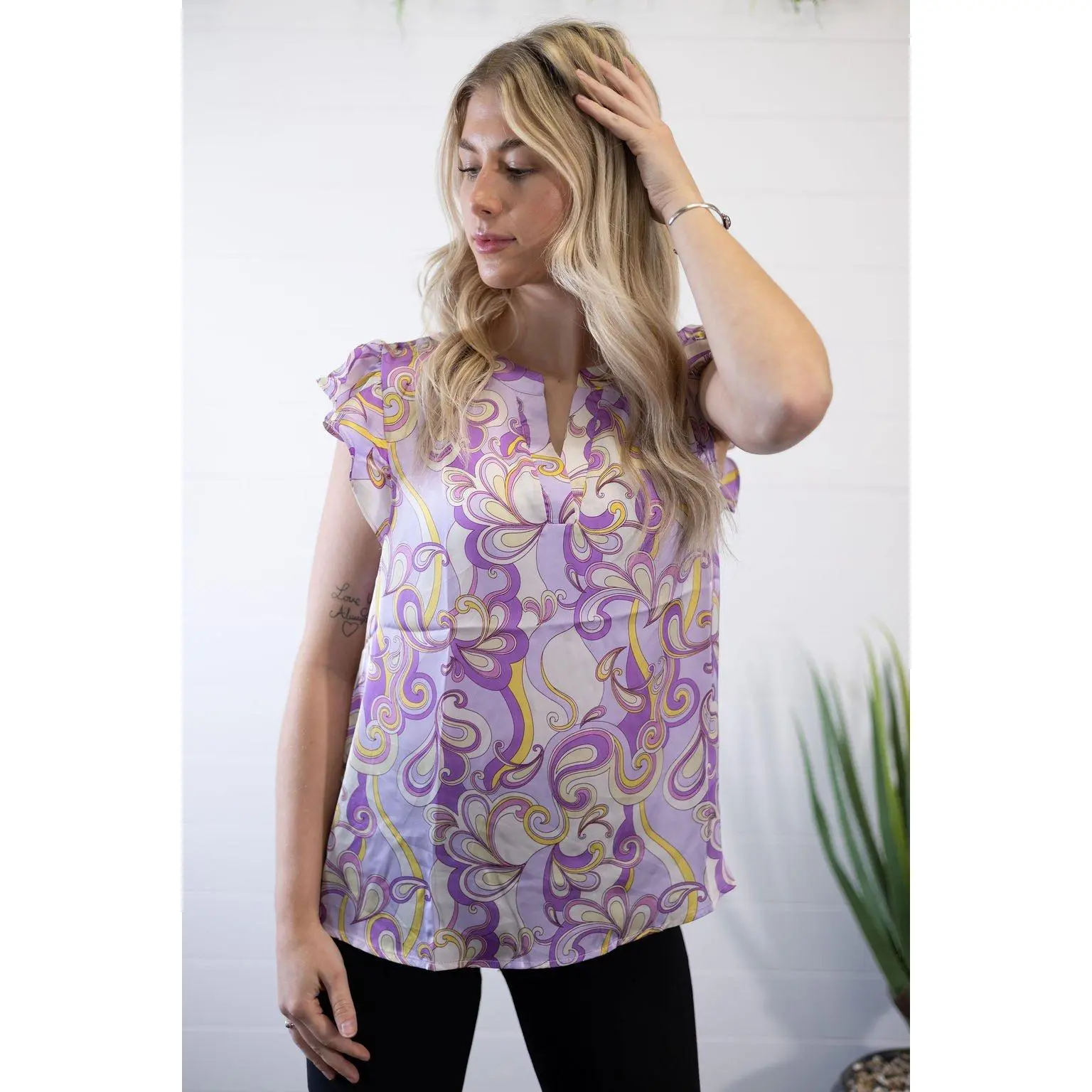 Lilac Split Neckline Women's Casual Short Sleeve Blouse