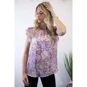 Lilac Split Neckline Women's Casual Short Sleeve Blouse
