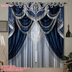 Elegant Blue Silver European Style Curtains, 2pcs 2D Print Drapes for Living Room Bedroom, High-Quality Polyester Fabric, Privacy & Light Control
