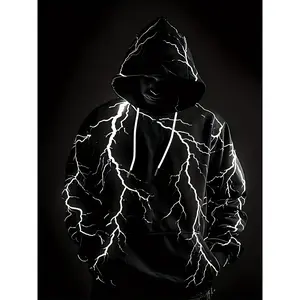 Gothic Punk Lightning Hooded Sweatshirt for Men - Black White Lightning Print Long Sleeve Pullover with Drawstring Hood Casual Street Fashion Perfect for Layering Machine Washable Daily Wear