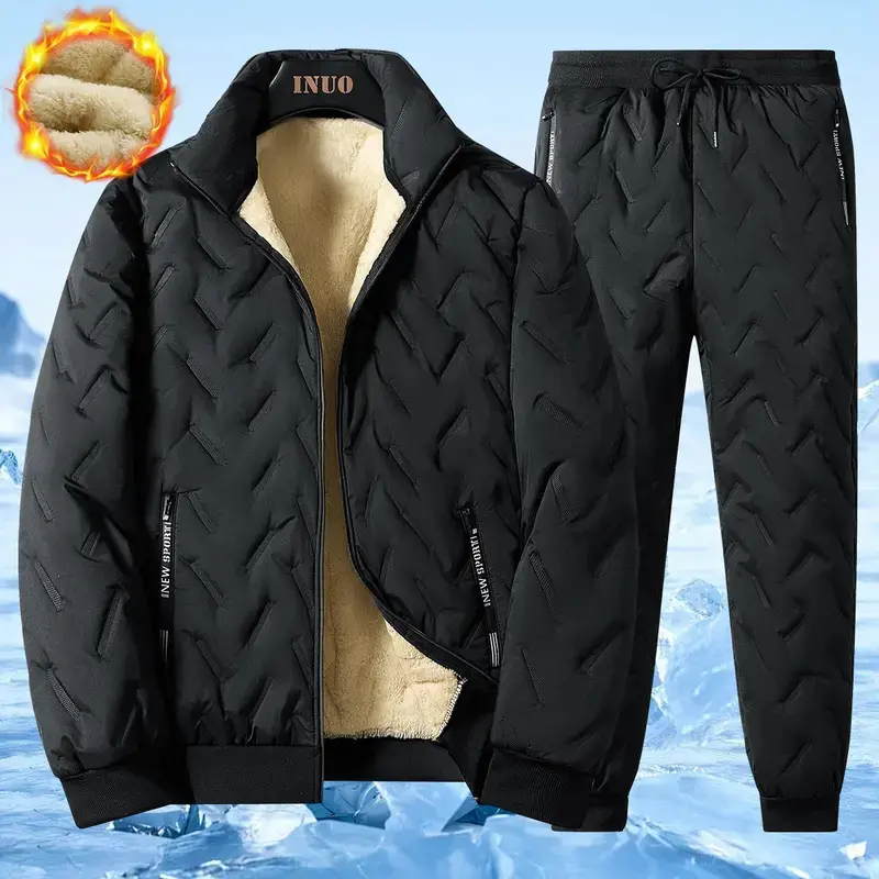 Men’s two-piece casual set: loose stand-collar cotton jacket with zippered pockets and thickened casual jogger pants with cuffs.