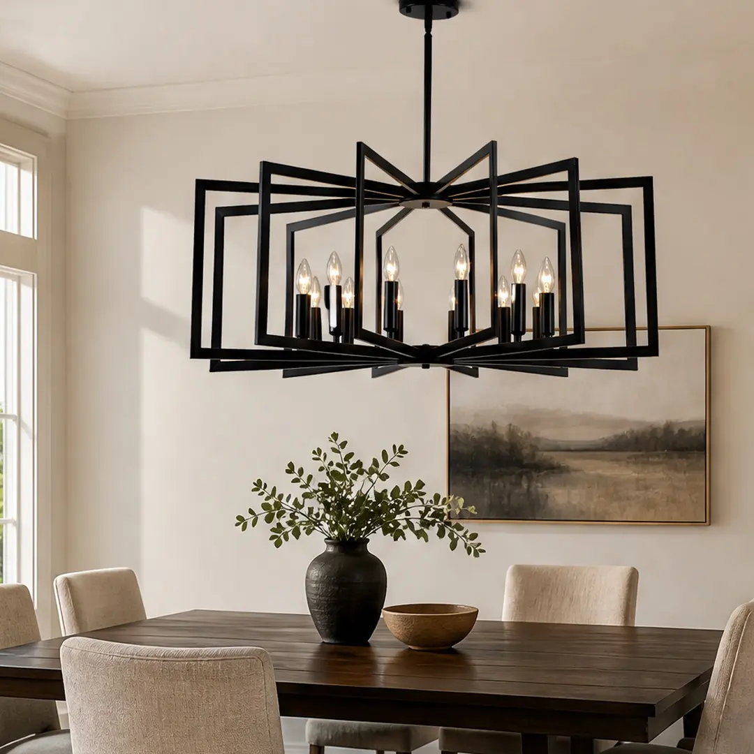 ARCH 12-Light Metal Lantern Tiered Pendant Hanging Light Fixtures, Industrial Farmhouse Adjustable Height Chandeliers for Dining Room Hallway Foyer Entryway, Matte Black Finish, E12 Base, Incandescent Bulbs Not Included, Multiple Light Options
