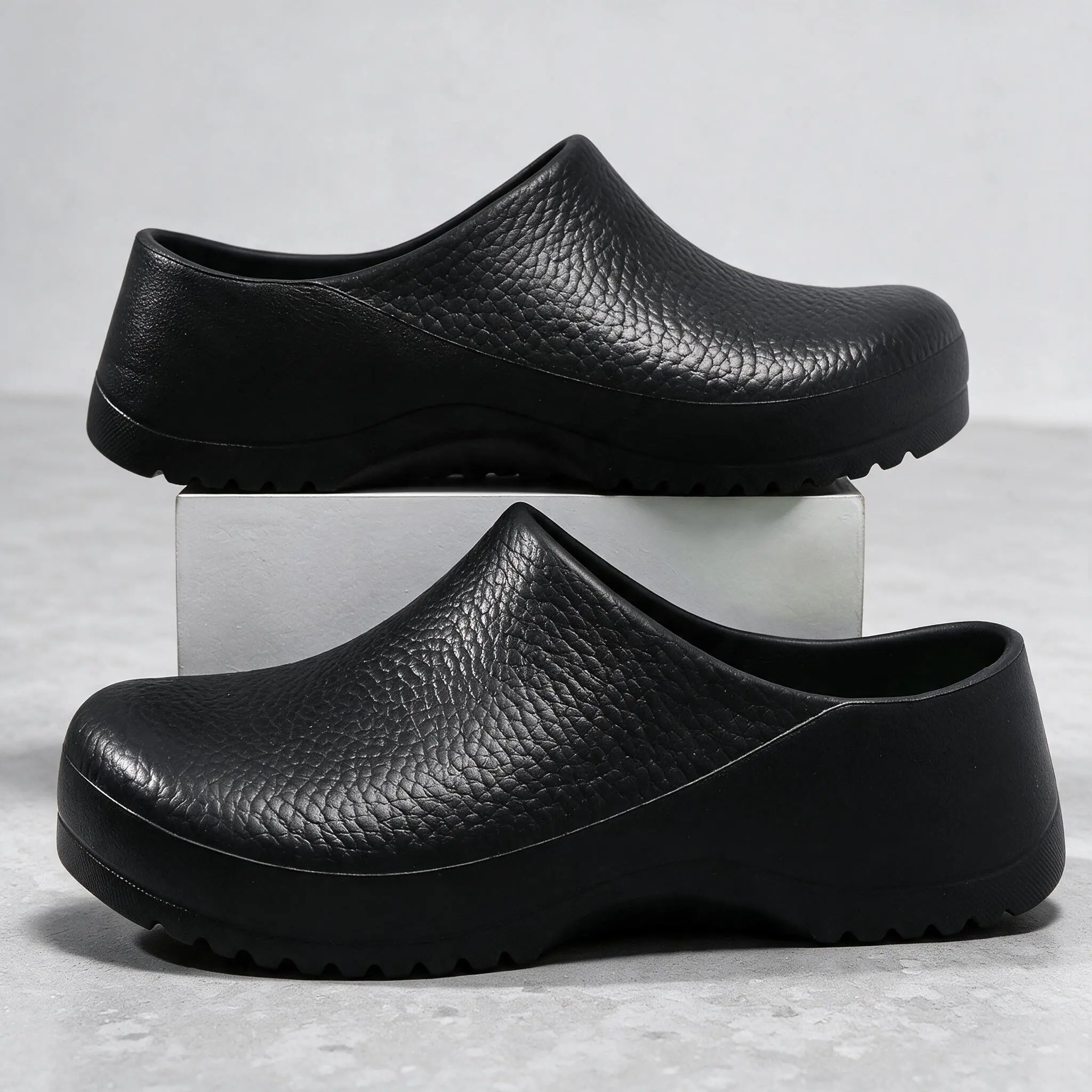 Unisex Solid Black Round Toe Casual Slip-On Work Loafers - Non-Slip, Waterproof Sole, EVA Soft Green Cushion Insole, Lightweight, Flexible, No Heel Nurse Footwear for Chef, Hospital Duty, 1 Pair