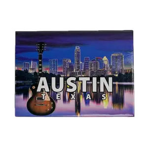 Austin Texas Downtown Skyline Night View Shadow Rectangle Magnet with Guitar Design Unique Fridge Accessory for Music Lovers Decor Magnetic Gift