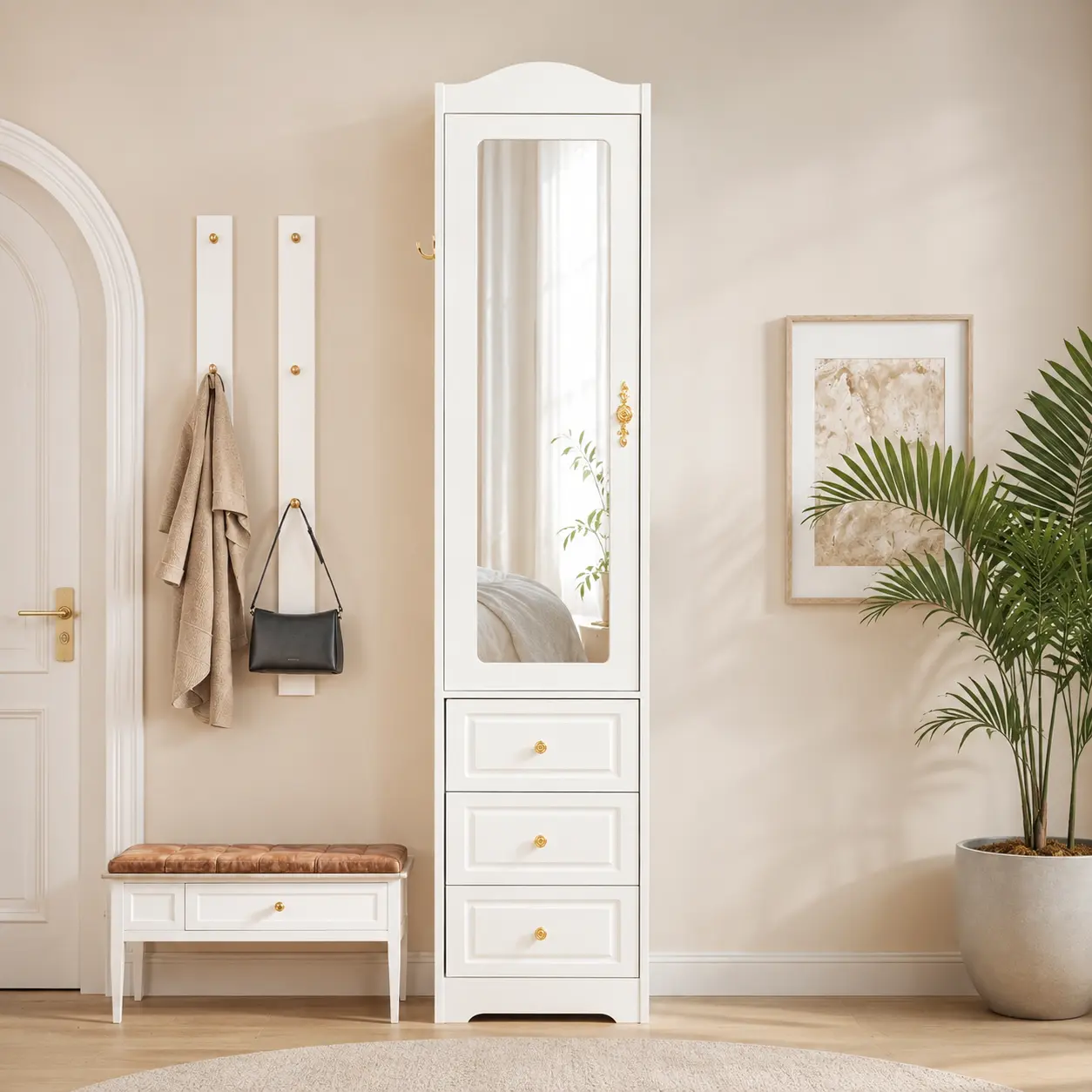 69.5" White Left-Opening Freestanding Armoire with Full-Length Mirror, LED Smart Sensor Lights, 3 Drawers, Hanging Rod, Side Hook, Slim Profile Bedroom Storage Cabinet, Tall Narrow Wardrobe