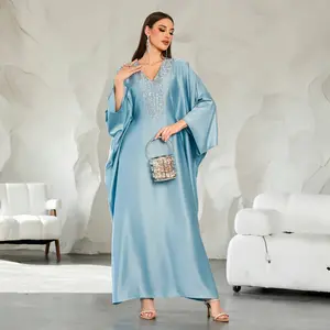Arab Clothing - Contrasting Color Sequin Handmade Crystal Batwing Sleeve V-Neck Kaftan Dress, 2025 Summer Fashion, Elegant Long Sleeve Arabian Women's Dress, Summer Women's Islamic Clothing