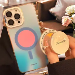 Aurora Neon MagSafe Phone Case, Macaron Pastel Color Block Contrast Style, Full-Wrap Metal Buttons, Anti-Slip Shockproof Cover for IP 15, 16 Series, 17 Pro Max (Trendy Purple)