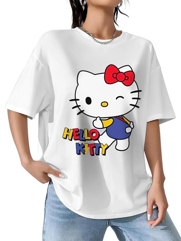 Hello Kitty Street Art Tee - Walking Masterpiece Design in White Color with Colorful Text and Red Bow