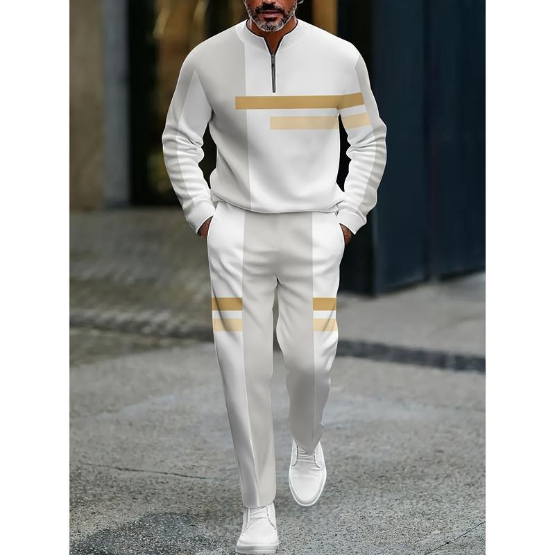 The new men's color-blocked sports suit, featuring a white half-zip sweater paired with matching trousers, is adorned with black and yellow stripes, exuding a trendy vibe. The fabric is comfortable and skin-friendly, suitable for daily commuting and casua