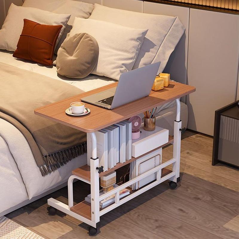 Adjustable Height Mobile Standing Desk with Wheels – Portable Rolling Computer Table – Storage Shelves – Bedside, School & Home Office – Walnut Color