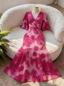 Women's Hot Pink Floral Print Satin Mermaid Maxi Dress, Wrap V Neck Flounce Short Sleeve Bodycon Dress, Ruffle Hem Formal Evening Gown for Wedding Guest Cocktail Party, Feminine Fit Womenswear