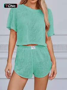 2-Piece Summer Pajama Set, Casual Loose-Fit, Breathable Knitted Top, Side Split Shorts, Home Wear, Beach, Outdoor Activities