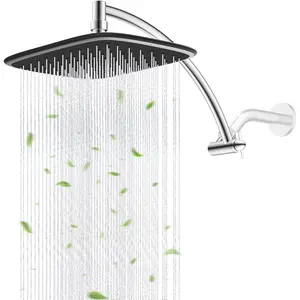 Rain Shower Head with 12" Shower Head Extension Arm, 10" High Pressure Boosting Rainfall/Fixed Showerhead, Metal Shower Head Extender Adjustable Height/Angle, 1-Min Installation, Easy Clean, Chrome