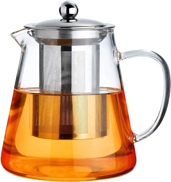 Glass Tea Pot with Removeable Stainless Steel Filter&Handle, Clear Square Tea Pot, Leaf Maker Brewer for Camping, Travel Stylish