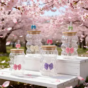 Dreamy Bow Decorated Glass Tumbler, Stacked Wavy Borosilicate Glass Cup with Straw, Cute Drinkware for Iced Coffee, Smoothie & Tea, Perfect Gift for Girls