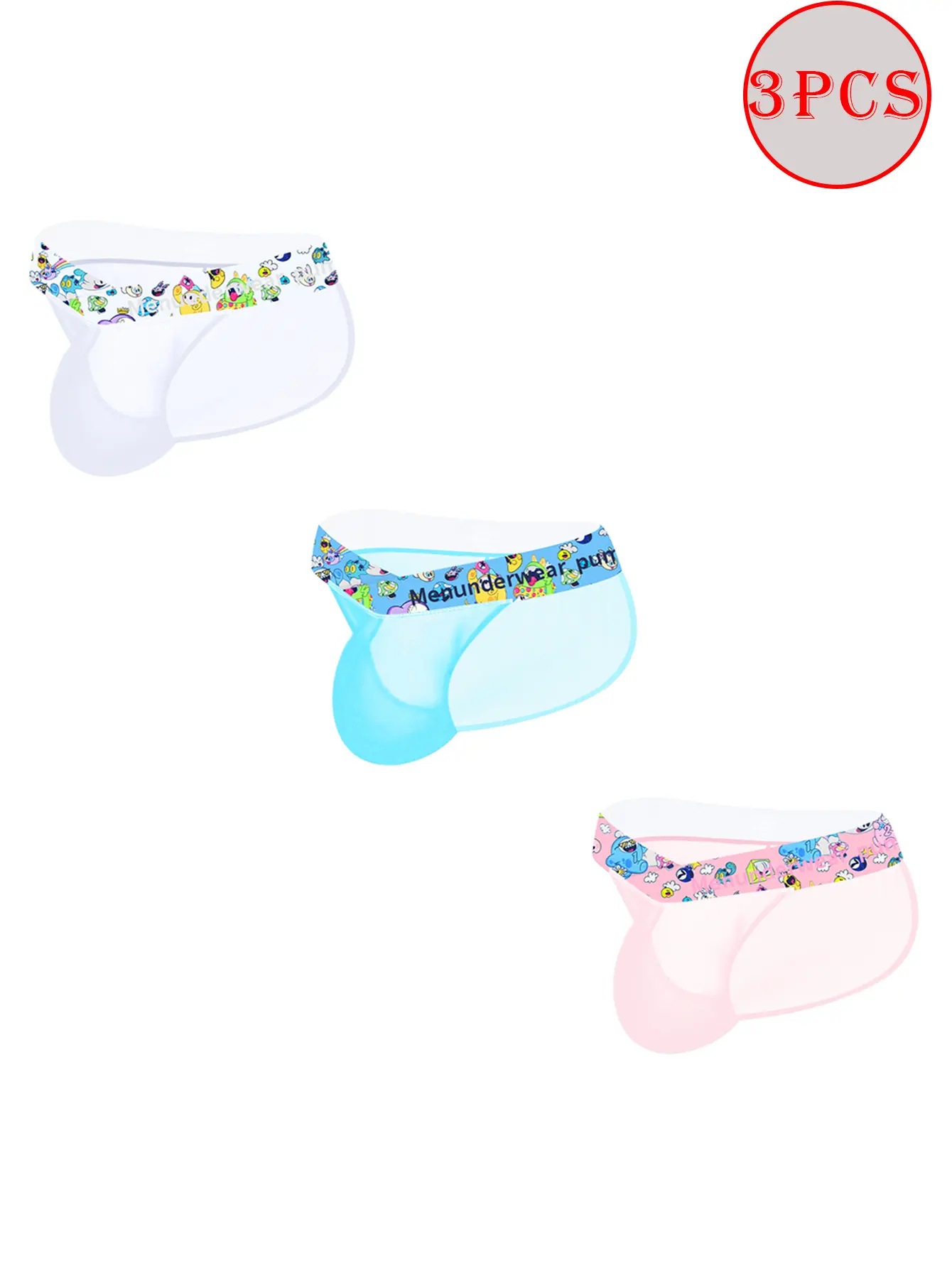 Men's Bikini Briefs, 3-Pack Low-Waisted Cartoon Print, Breathable Quick-Dry Ice-Silk Nylon, See-Through Activewear for Gym & Beach