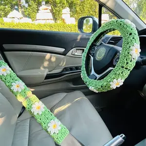 Daisy Pattern Steering Wheel Cover, Car Steering Wheel Protective Cover, Steering Wheel Seat Belt Protector, Non-slip Automotive Accessory