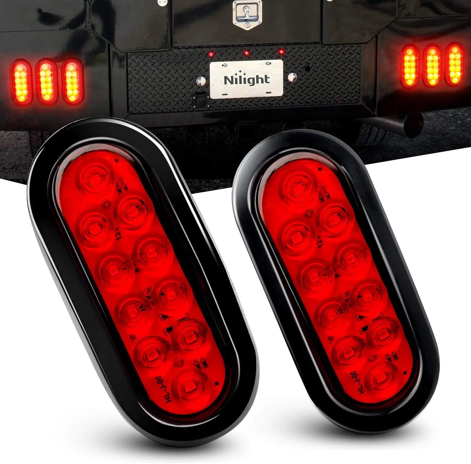 Nilight 6" Oval Red LED Tail Lights (2PCS) - 10X SMD LEDs, Aluminum PCB, Dual Mode, Surface Mount Grommets & Plugs, IP65 Waterproof, Electronic Corded Brightening Portable LED Blinker, Easy-Install Automotive Accessories for RV, Boat, Car Lighting