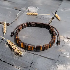 Protection Stone Bracelet Tigers Eye Natural Stone Cube Beads Bracelet for Men Women Adjustable Arm Ring Jewelry
