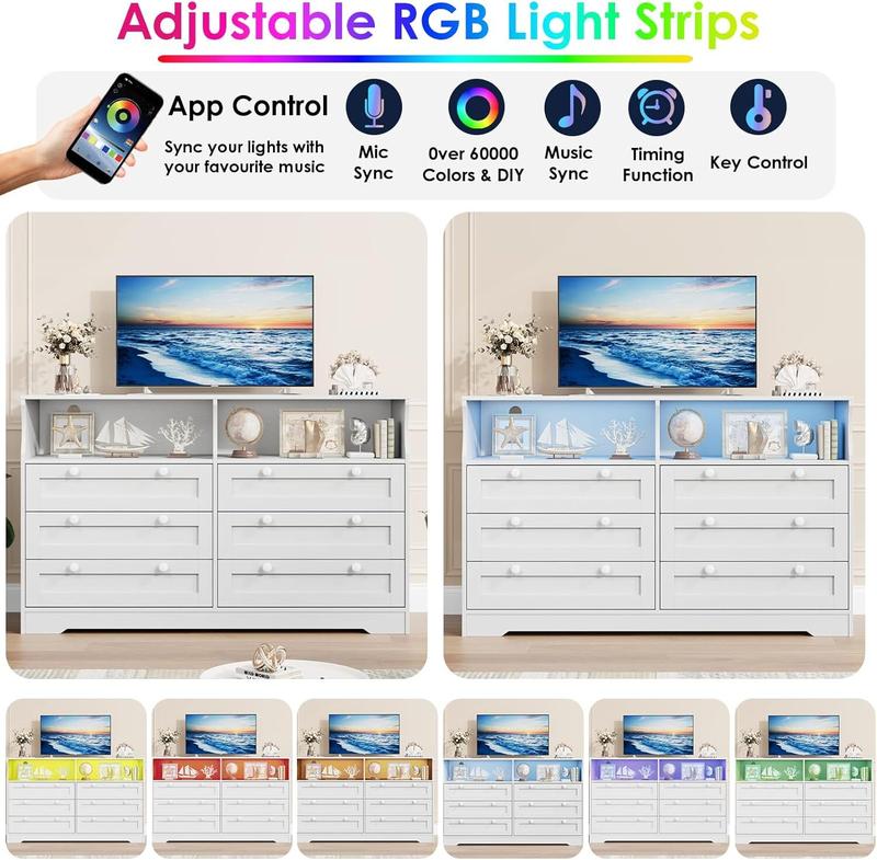 White Dresser for Bedroom Deep Drawers, Wide Wooden Bedroom Dressers with Power Outlet and Led Lights, Large Modern 6 Drawers Dressers and Tv Stand Dresser for Living Room, Hallway