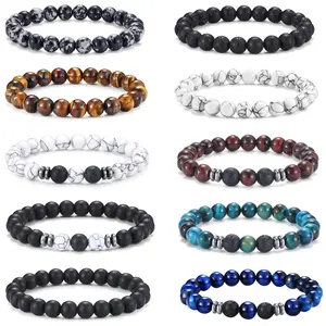 10 Pcs Tiger Eye Bracelet For Men 8MM Natural Stone Beads Bracelet Set Stretch Lava Rock Bracelets Adjustable Black Crystal Beaded Bracelet for Men Women Gifts